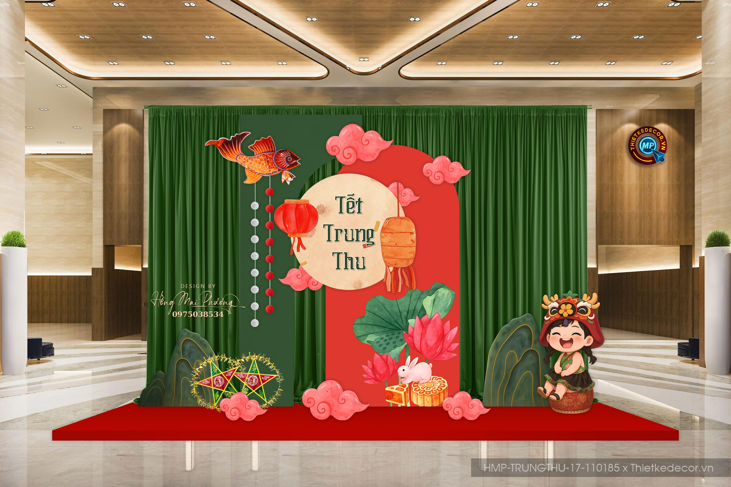 Backdrop trung thu cổ điển Vintage phối màu xanh lá & đỏ